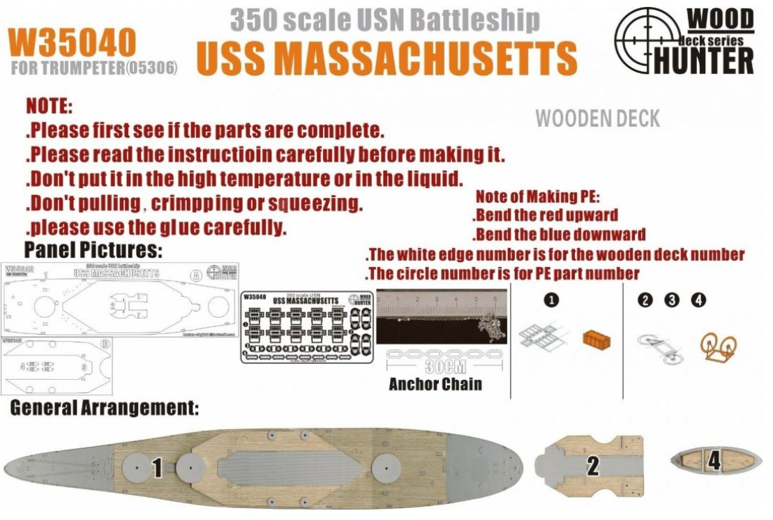 FlyHawk W35040 1/350 WWII USS Massachusetts BB59 Wooden Deck