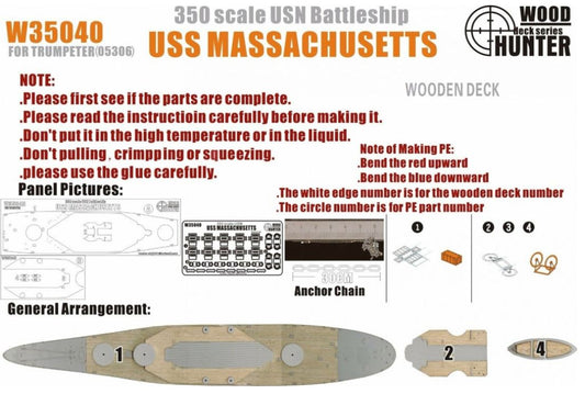 FlyHawk W35040 1/350 WWII USS Massachusetts BB59 Wooden Deck